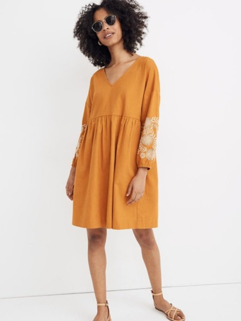 Madewell Embroidered Popover Dress Linen Babydoll Orange Tan Summer XS